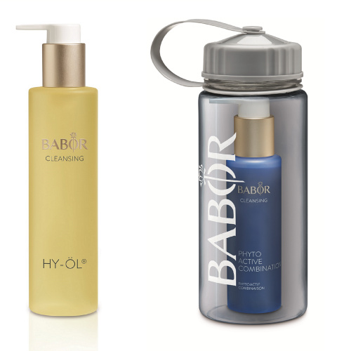 A balancing and refining herbal extract plus HY-ÖL and a drinks bottle. Cleansing Set Combination with a drinks bottle